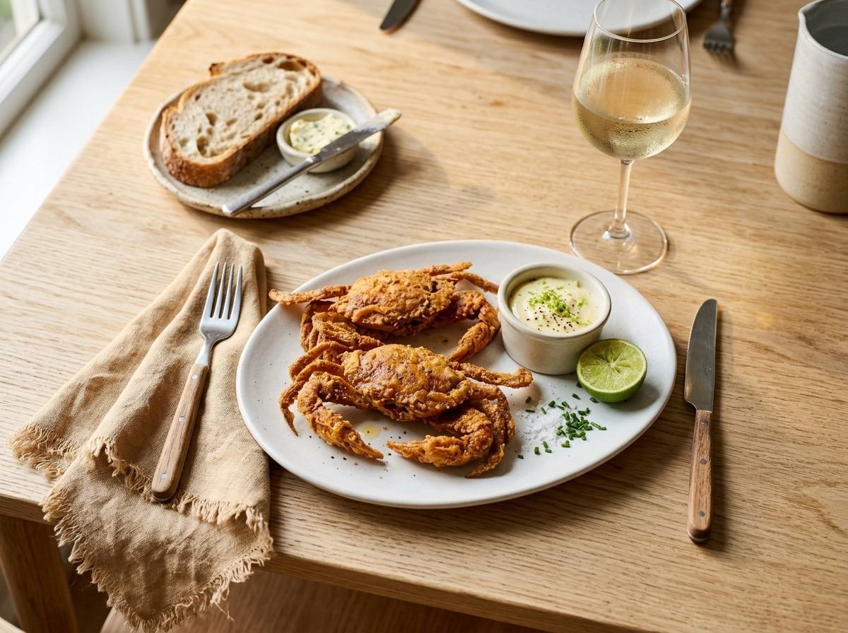 Crispy soft shell crabs plated with lime aioli, a glass of white wine, and a linen napkin on a wooden table