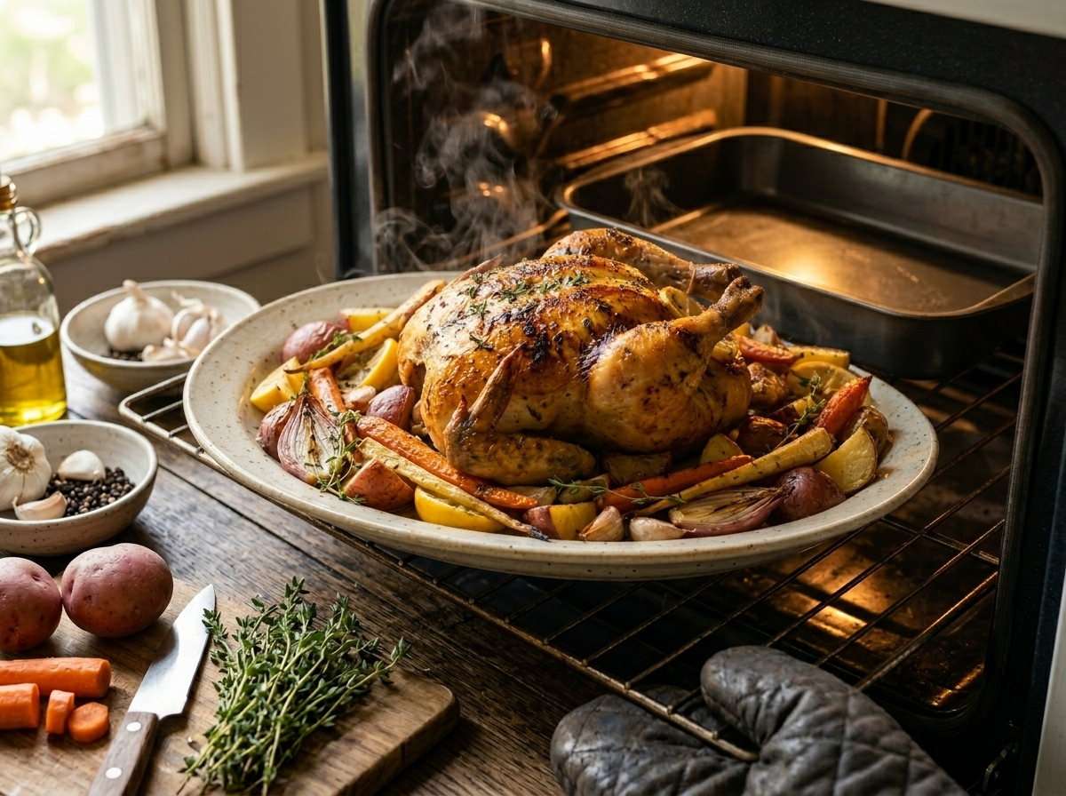 Whole chicken roasting in a pan over root vegetables with golden skin and glistening drippings mid-cook