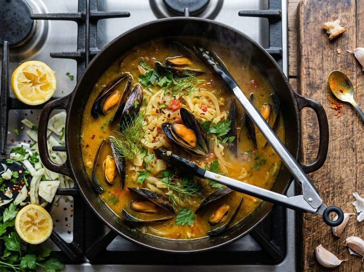 Open mussels simmering in golden saffron and white wine broth inside a wide Dutch oven with fennel slices visible