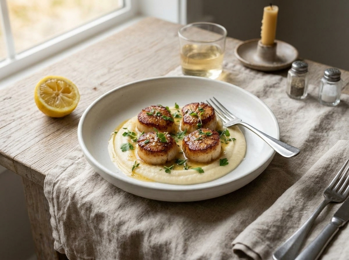 Plated pan seared scallops over cauliflower puree on a linen-covered table with a glass of white wine alongside