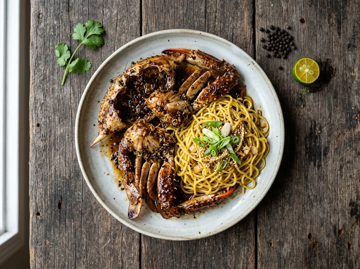 Black pepper crab halves in glossy dark sauce on a wooden board with garlic egg noodles and green onions