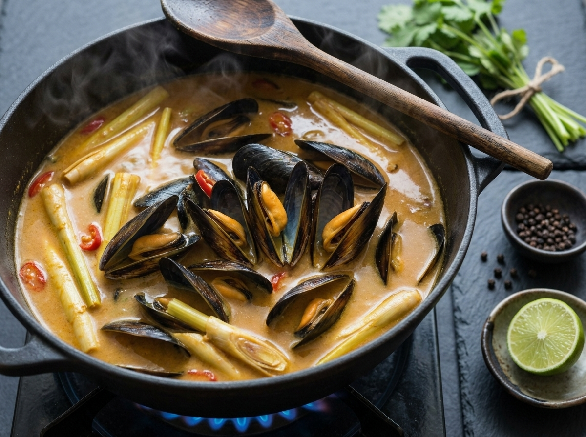 Mussels steaming open in simmering lemongrass coconut curry broth in a wide pot on the stovetop