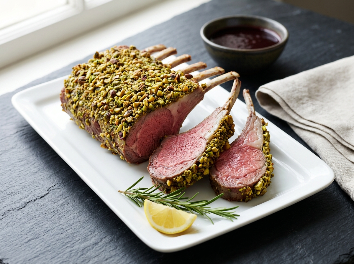 Pistachio crusted rack of lamb carved into chops on a white platter showing pink medium-rare interior and herb crust