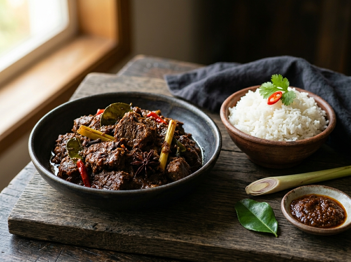 Dark ceramic bowl of caramelized beef rendang with spiced coconut paste beside a mound of steamed jasmine rice on a wooden board
