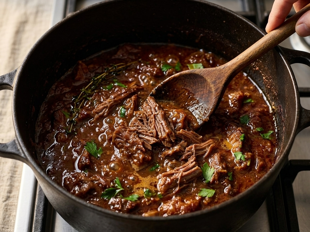 Shredded lamb shoulder being stirred into deep red tomato ragu in a Dutch oven on the stovetop