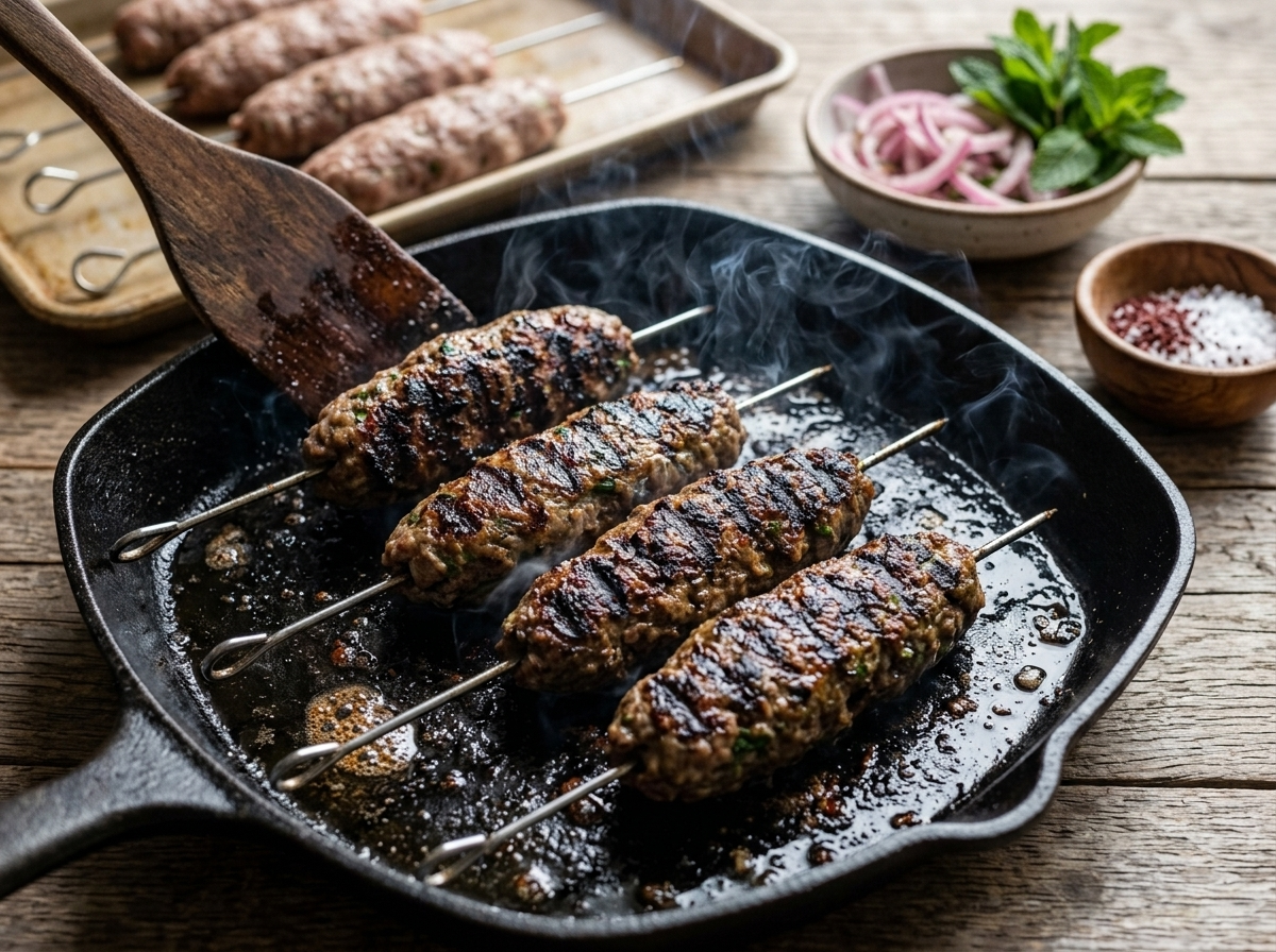 Spiced lamb kofta on metal skewers with char marks sizzling on a cast-iron grill pan
