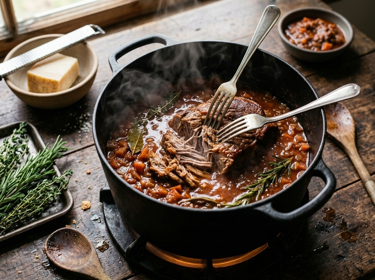 Shredded pork shoulder being pulled apart with two forks in a Dutch oven of thick tomato ragu sauce