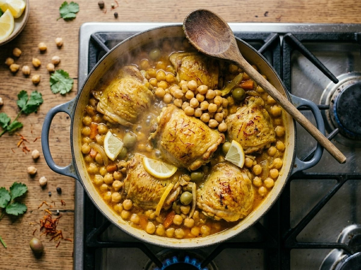 Chicken thighs braising in saffron-orange broth with chickpeas just added to the pot