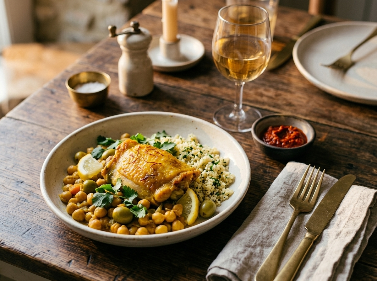 Bowl of saffron chicken tagine over couscous with harissa and a glass of white wine on a wooden table