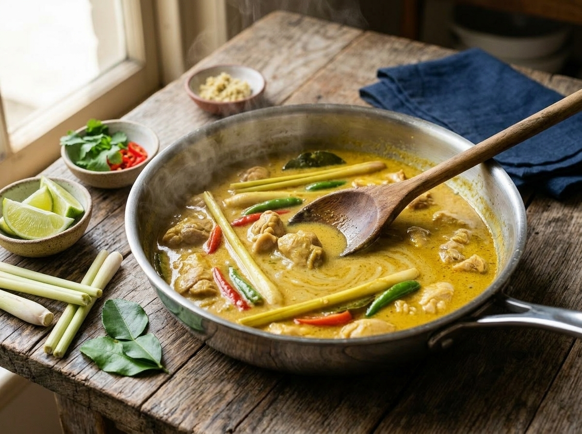 Lemongrass stalks and chicken pieces simmering in creamy coconut milk sauce in a wide stainless skillet
