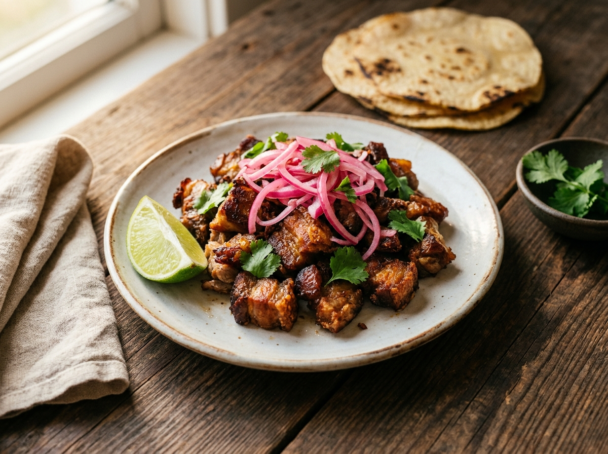 Crispy pork carnitas with pickled red onion and cilantro on a wooden board with corn tortillas