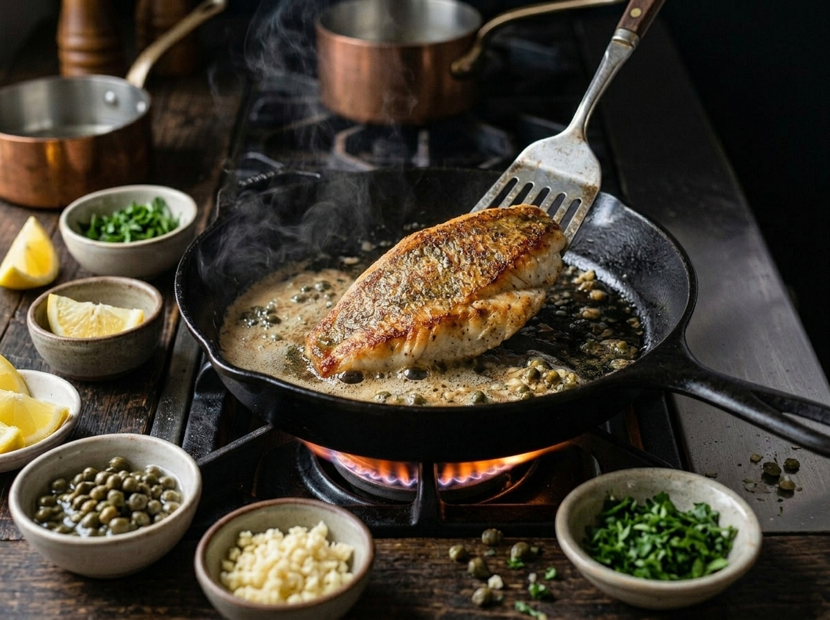 Triggerfish fillet developing a golden crust in a cast iron skillet with sizzling avocado oil during high-heat searing