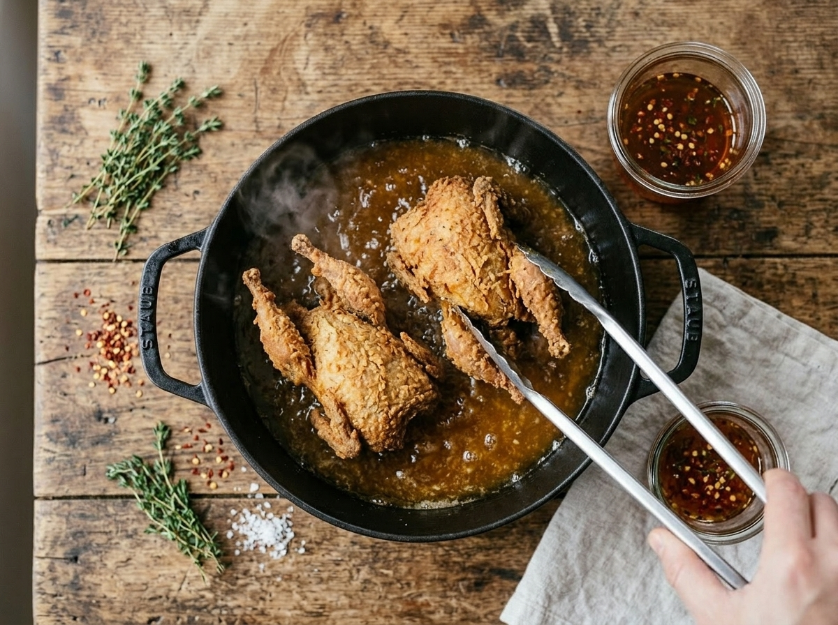 Two quail frying in bubbling oil inside a cast-iron Dutch oven, crust turning deep golden brown