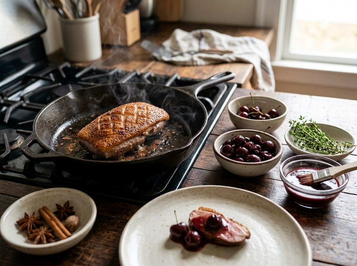 Duck breast searing skin-side down in a cast iron skillet with five spice crust crisping in rendered fat