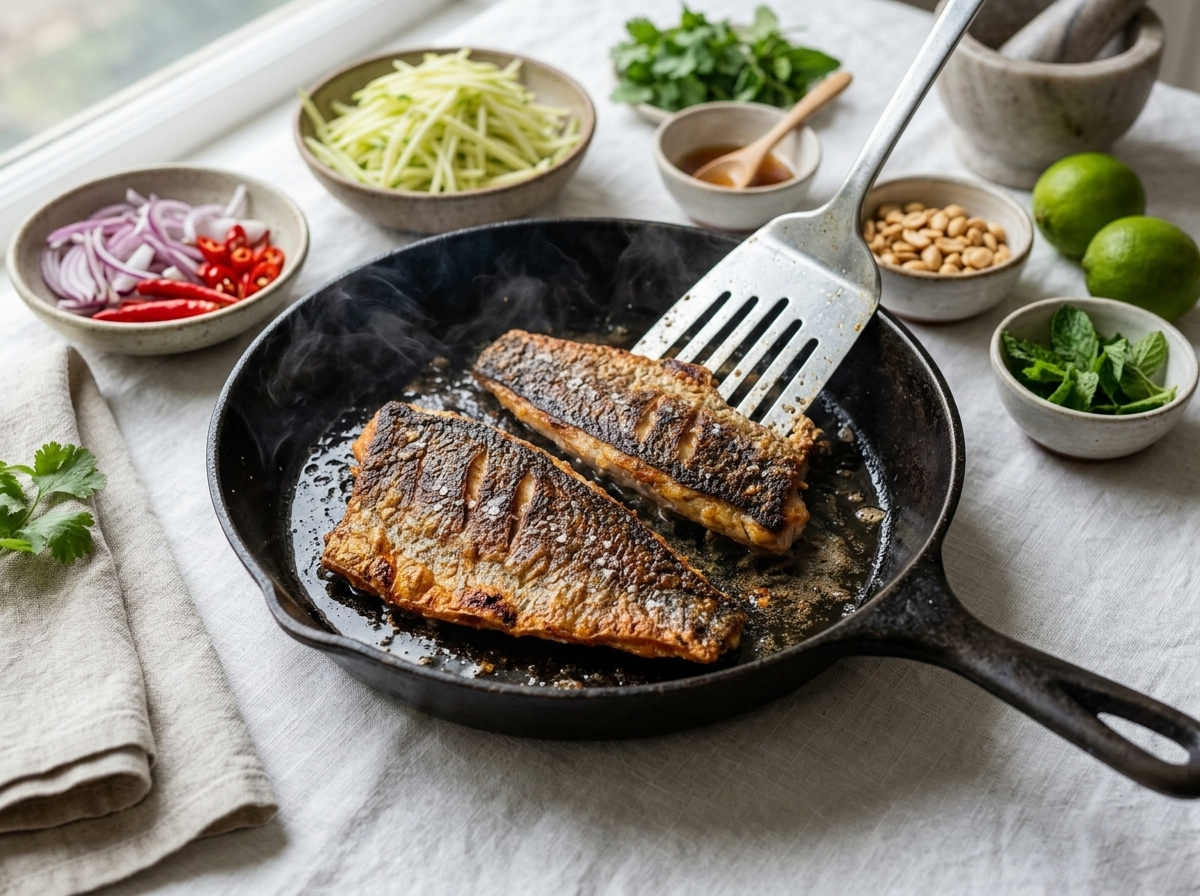 Two snapper fillets searing skin-side down in a hot cast iron skillet, skin turning deep golden brown