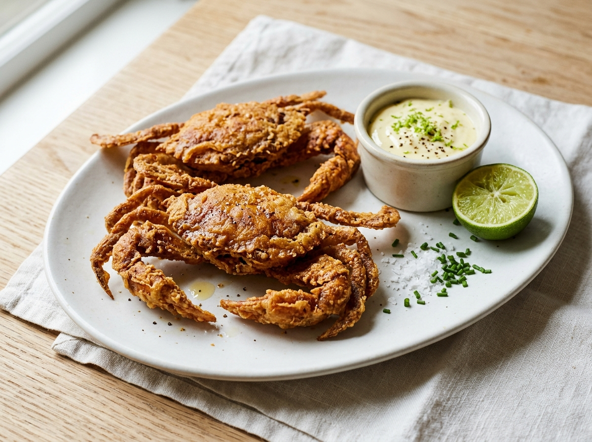 Two crispy golden soft shell crabs on a white plate with lime aioli in a small ramekin and a halved lime