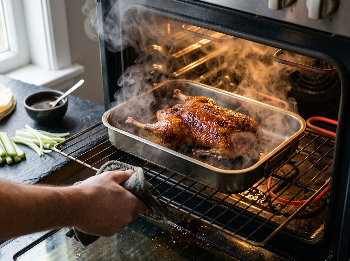 Golden slow-roasted duck legs on a wire rack with rendered fat dripping into the roasting pan below