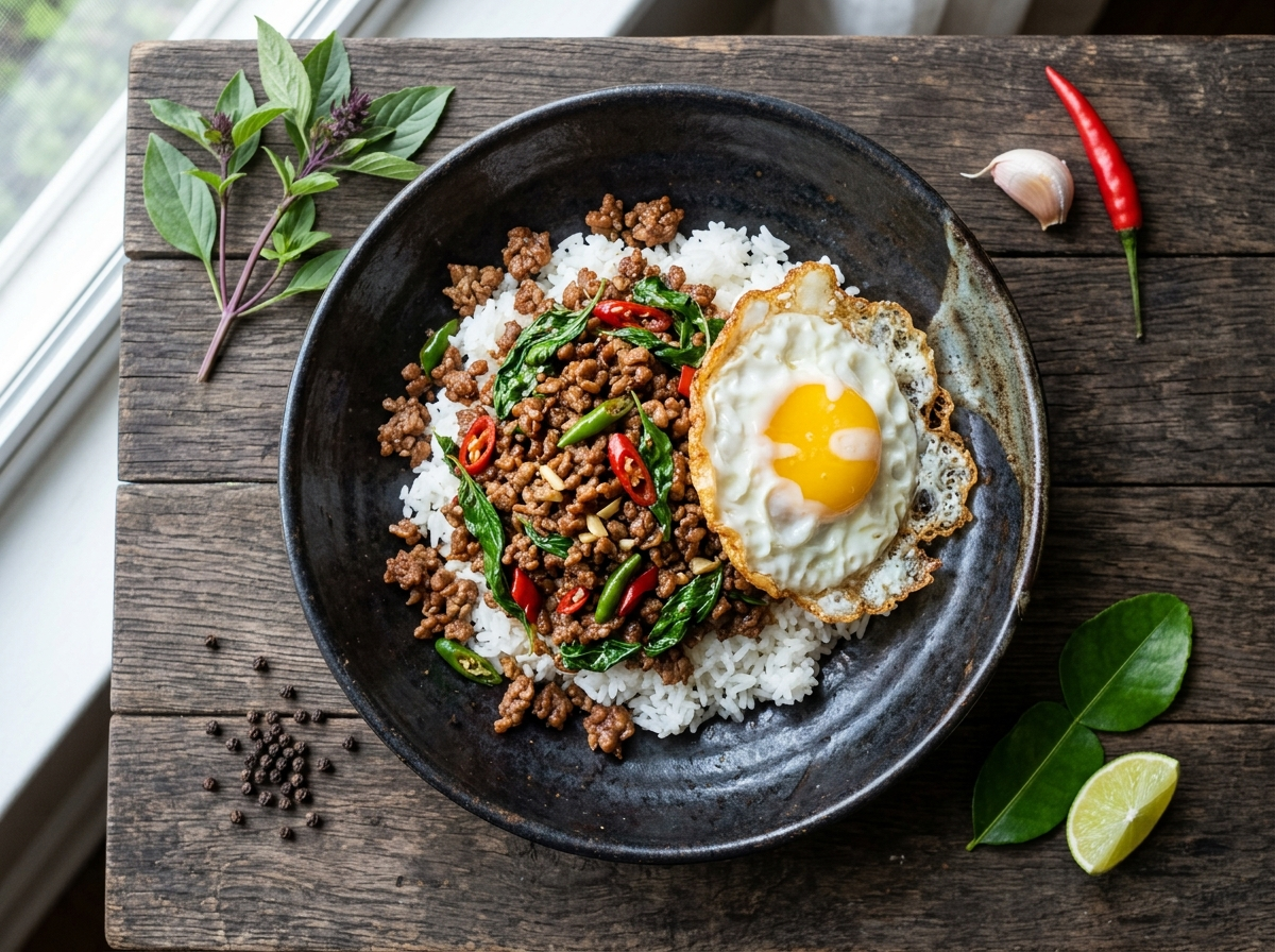 Thai basil beef stir fry over jasmine rice in a dark bowl with a runny fried egg and fresh basil leaves