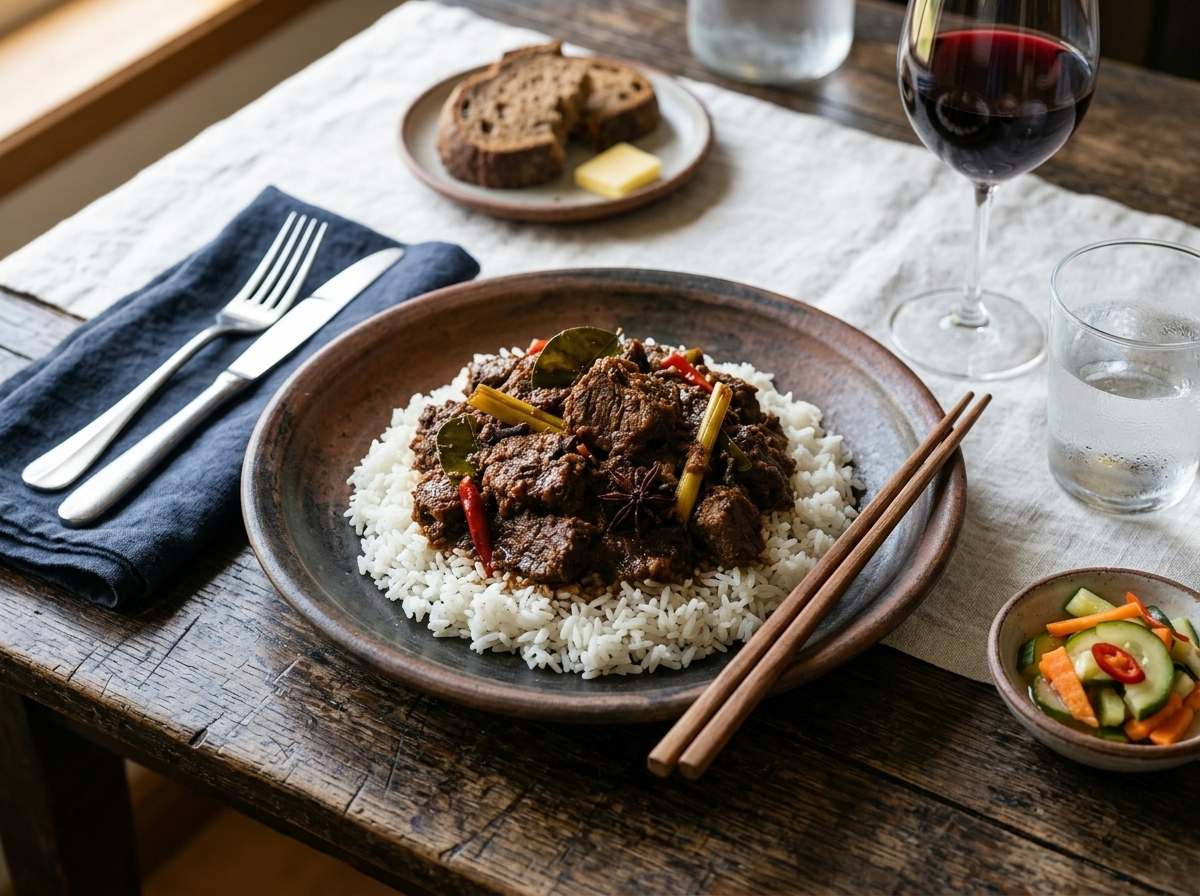 Clay plate with beef rendang over jasmine rice garnished with red chili and kaffir lime leaf, served on a white linen tablecloth