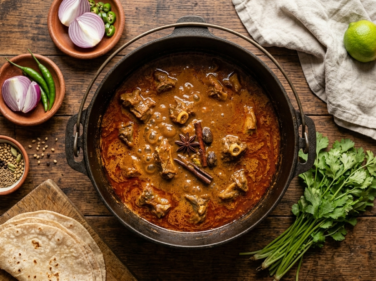 Bone-in goat curry simmering in a Dutch oven with whole spices visible in the thick orange sauce