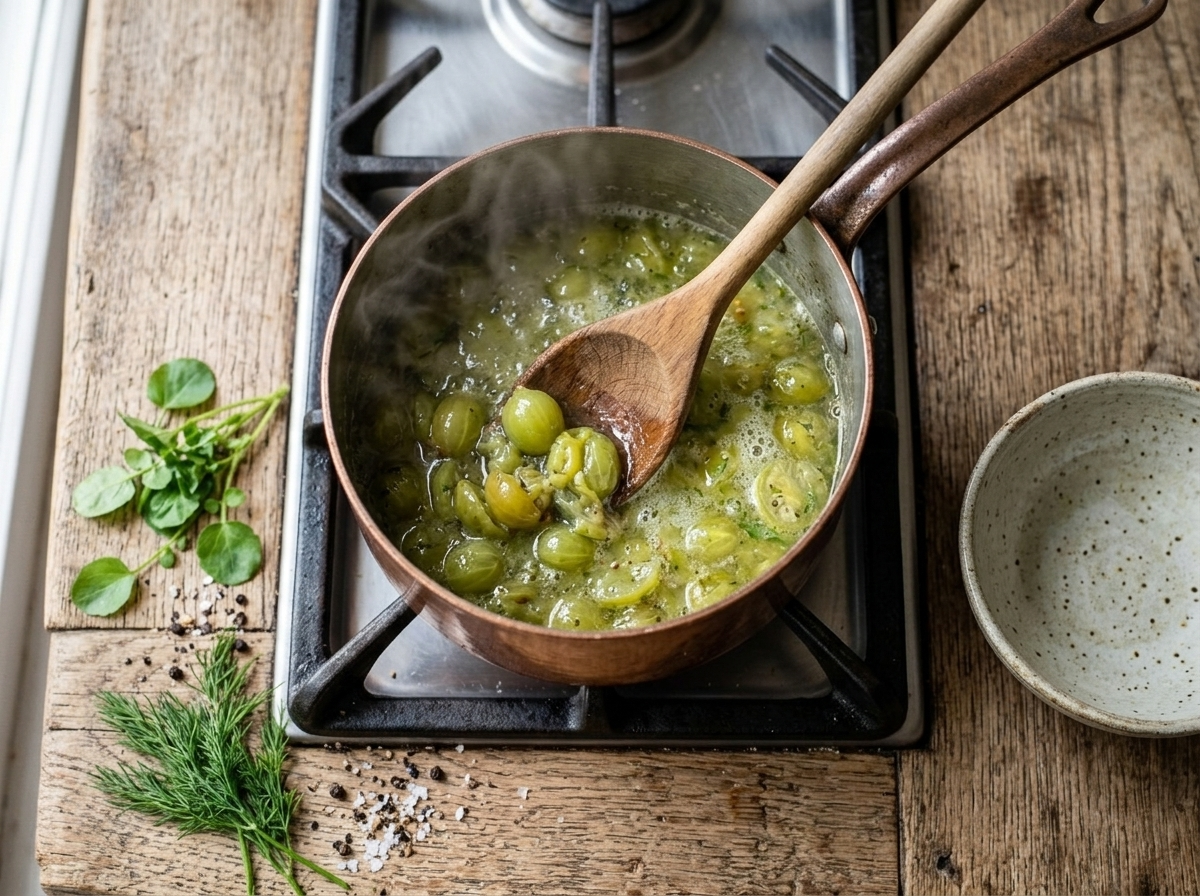 Gooseberry sauce simmering in a copper saucepan with berries being crushed by a wooden spoon, pale green and bubbling
