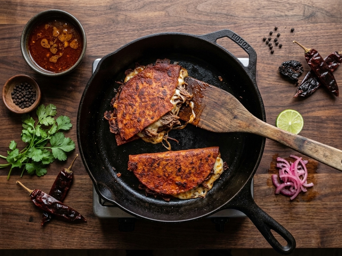 Two birria quesadillas cooking in a cast iron skillet with brick-red tortillas and melting Oaxacan cheese at the edges