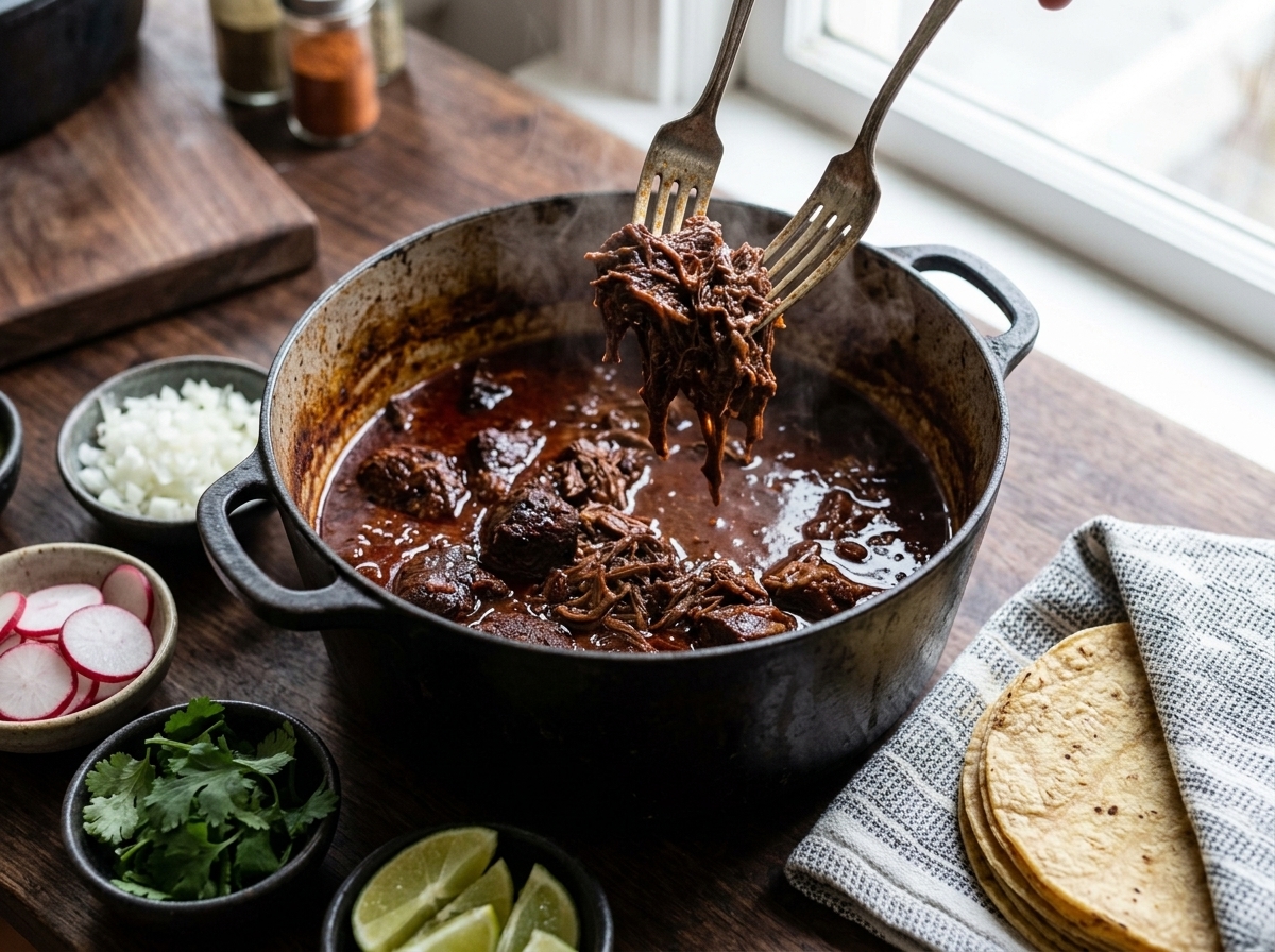 Shredded beef cheeks in glossy chipotle braising sauce being lifted with forks from a Dutch oven