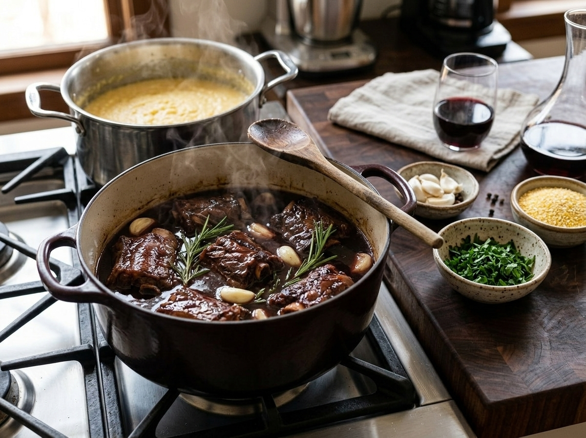 Bone-in lamb neck pieces braising in red wine and stock with rosemary in a Dutch oven