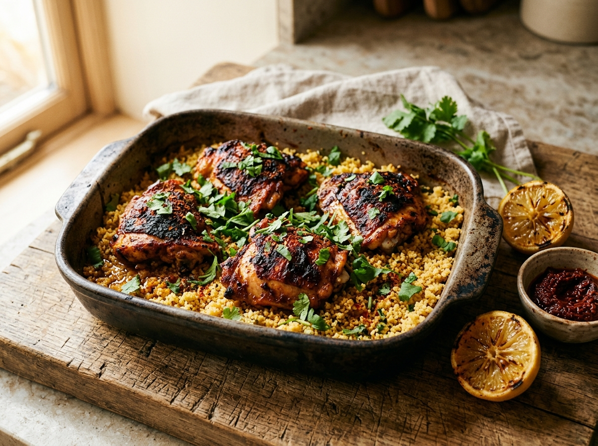 Four harissa roasted chicken thighs with crispy skin served over golden couscous in a ceramic roasting dish
