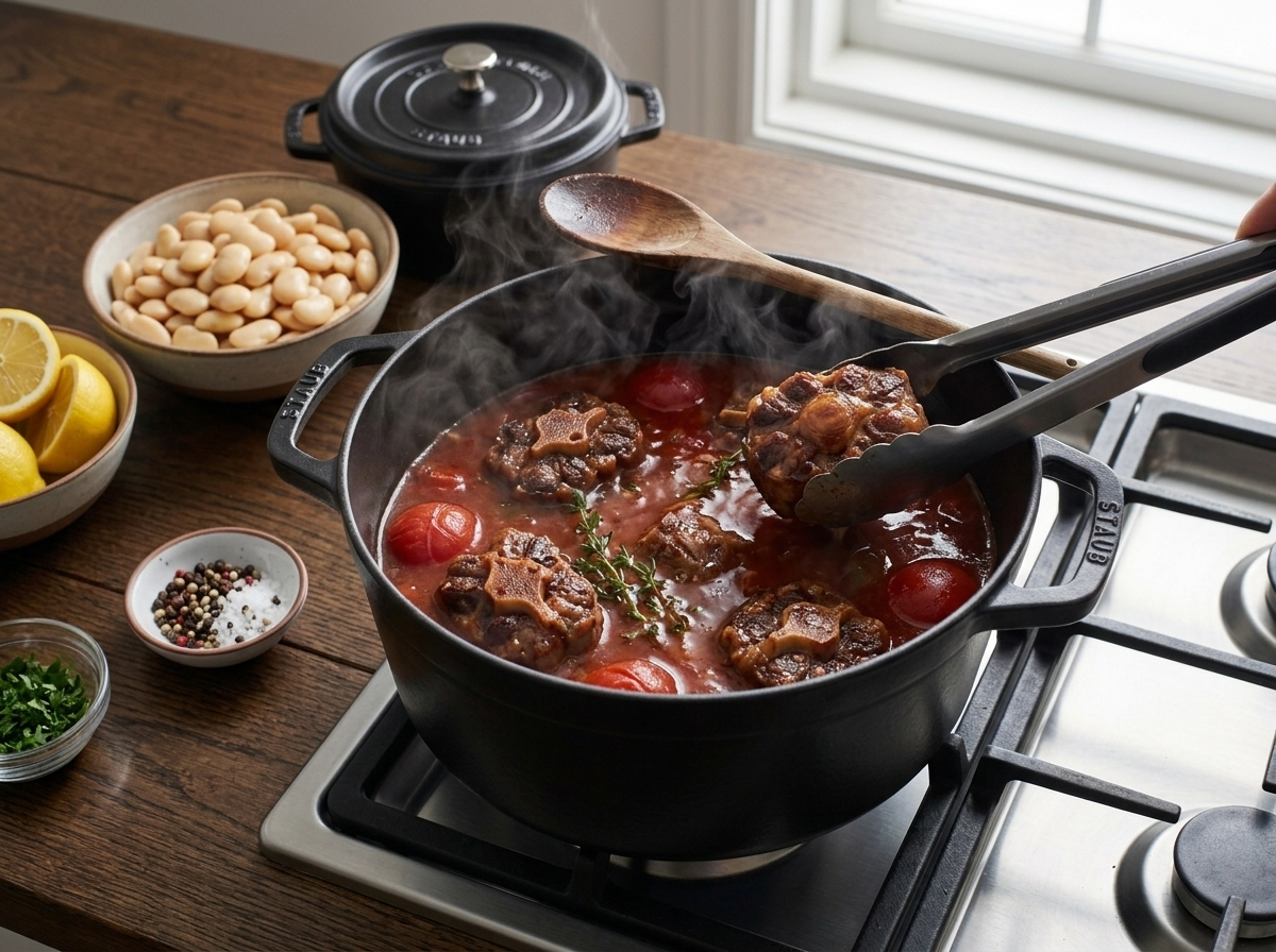 Oxtail pieces returned to red wine braising liquid with thyme sprigs in a Dutch oven on the stovetop