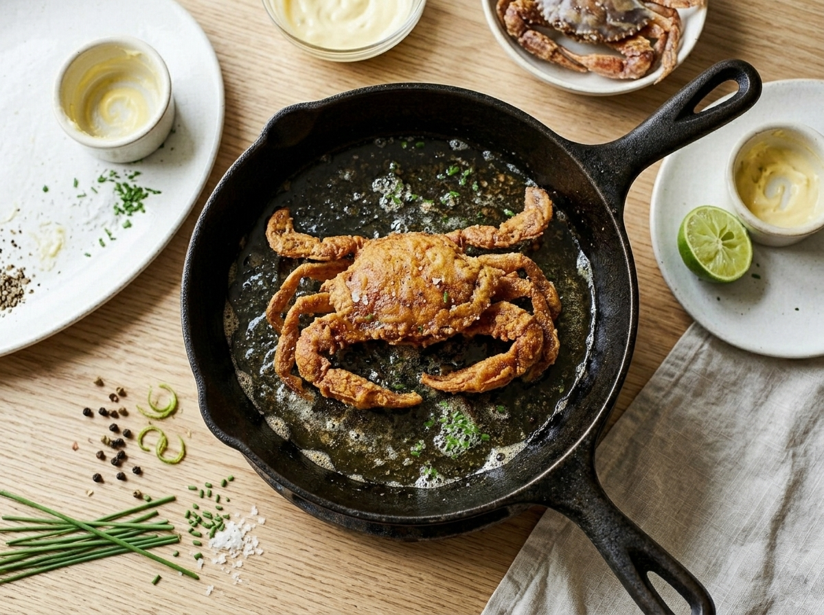 Soft shell crab frying in a cast iron skillet with hot oil bubbling around the golden crust