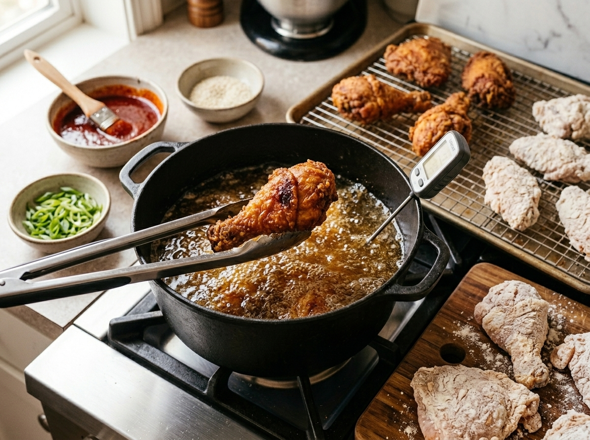 Crispy double-fried chicken drumstick lifted from bubbling oil with tongs during the second fry stage
