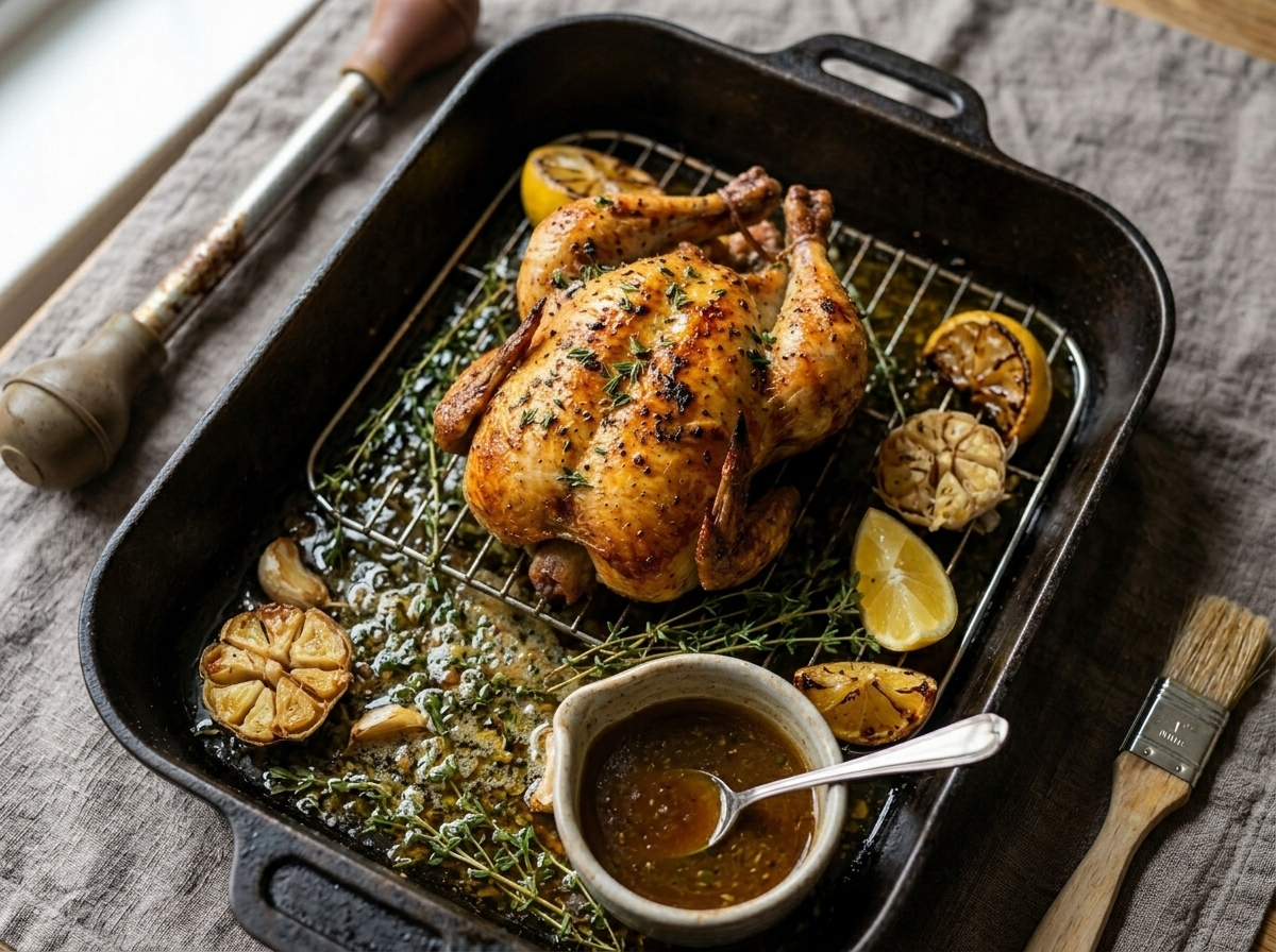 Single Cornish hen on a wire rack in a roasting pan with golden drippings, thyme, and garlic mid-roast