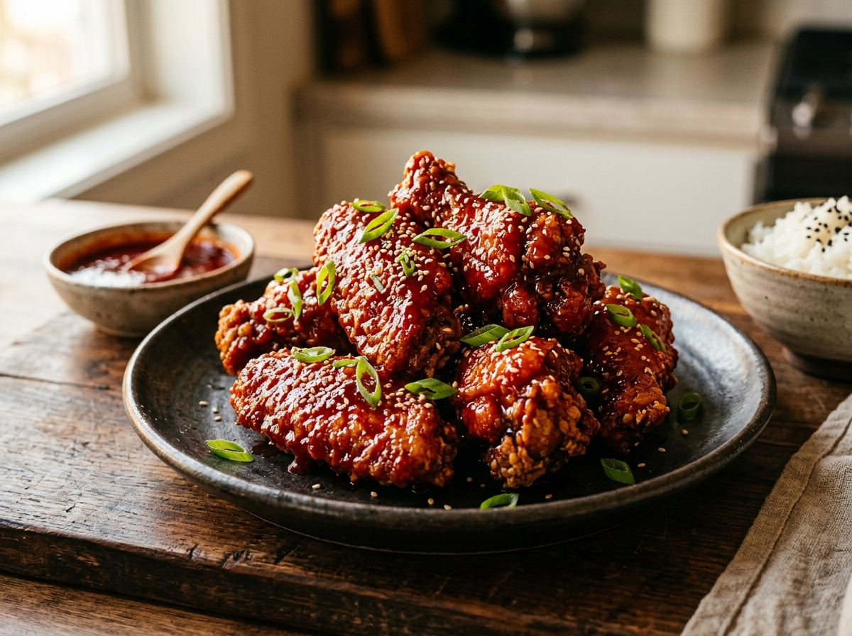 Korean fried chicken pieces coated in sticky gochujang glaze, topped with sesame seeds and scallions on a wooden board