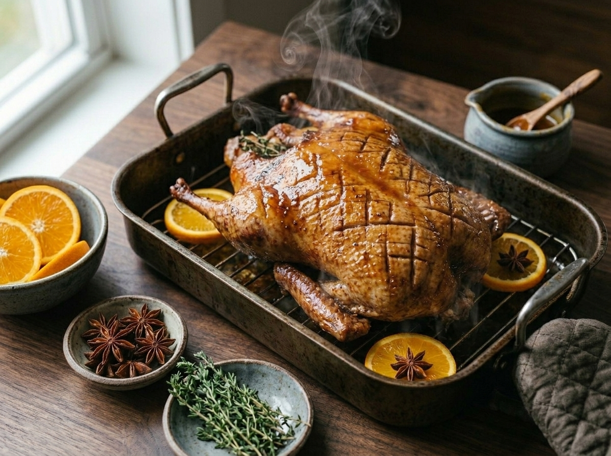 Brushing orange star anise glaze onto scored roasted duck breast skin in a roasting pan, steam rising