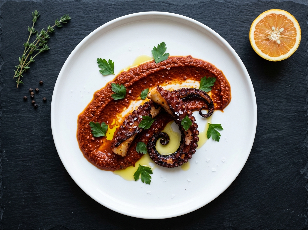 Charred octopus arms over smoky romesco sauce on a white plate, finished with parsley and flaky salt
