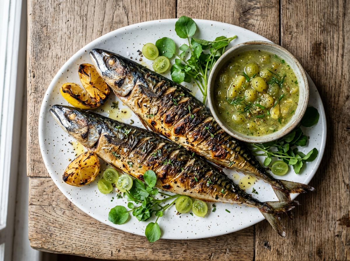 Two whole grilled mackerel with charred scored skin on a white platter, green gooseberry sauce in a small bowl alongside lemon wedges
