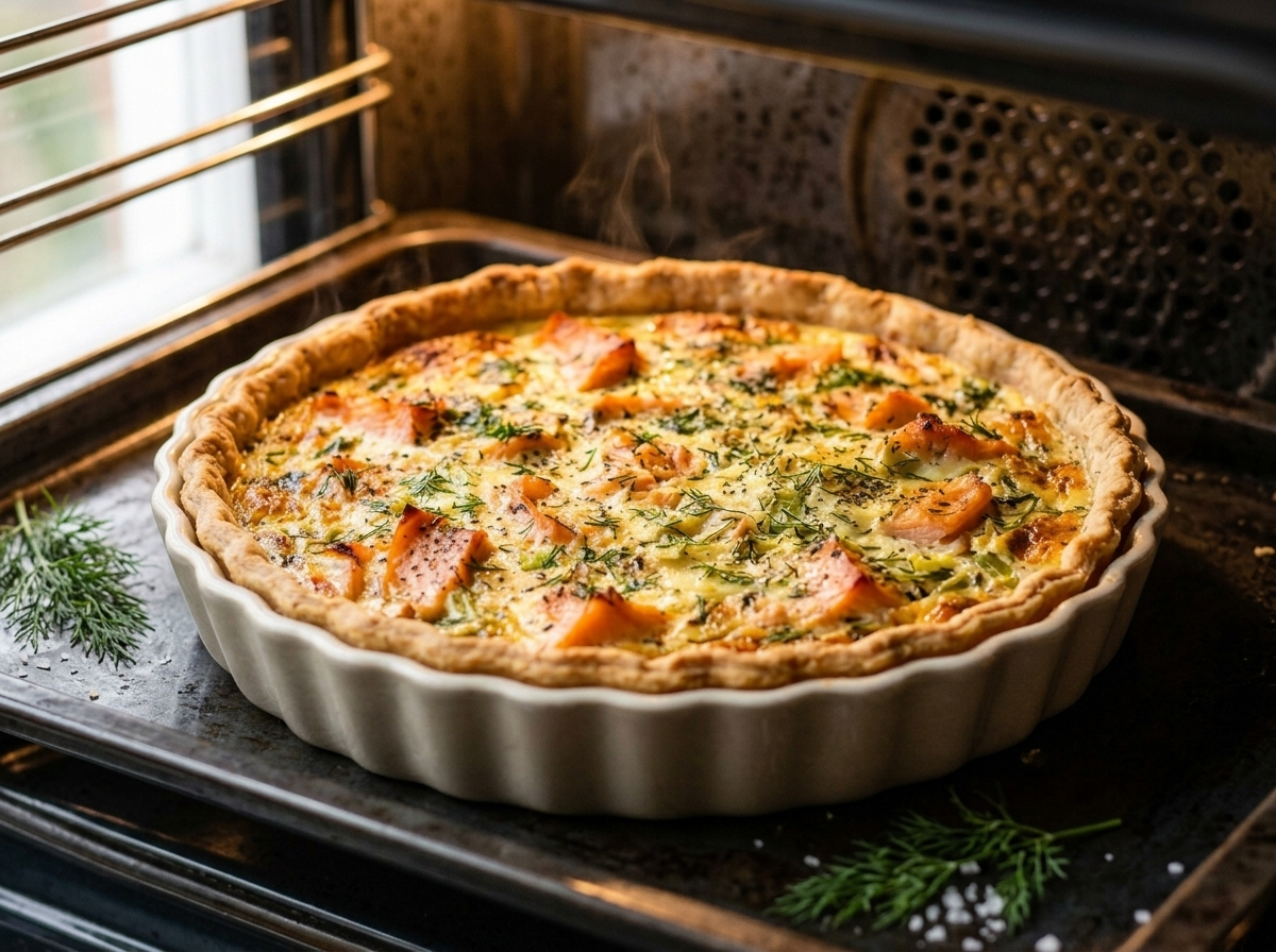 Smoked salmon and leek tart baking in the oven with custard just setting around the salmon slices