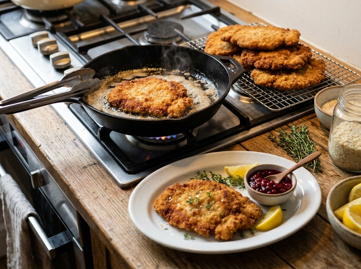 Pork schnitzel frying in clarified butter in a cast iron skillet, crust turning deep golden brown