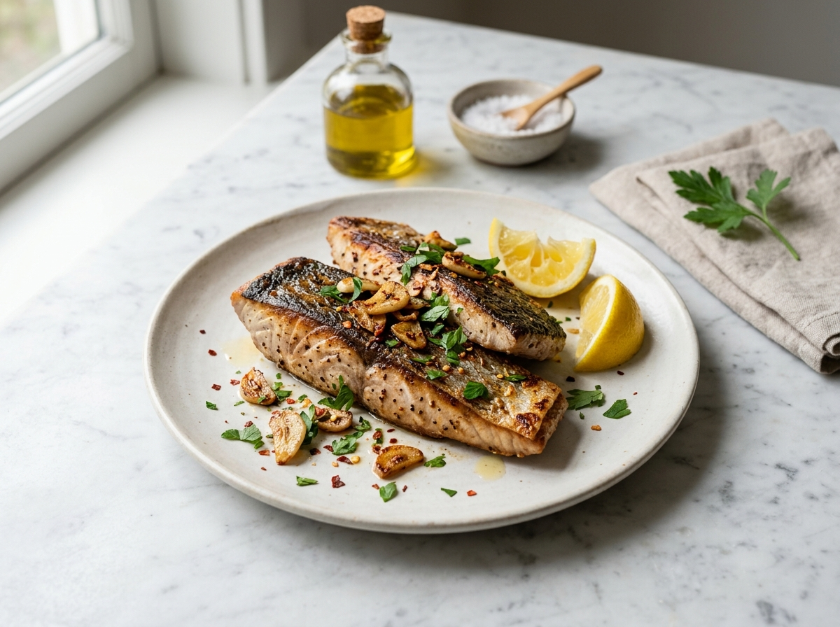 Pan-seared bonito fish fillets with crispy skin, browned garlic slices, lemon wedges, and fresh parsley on white plate