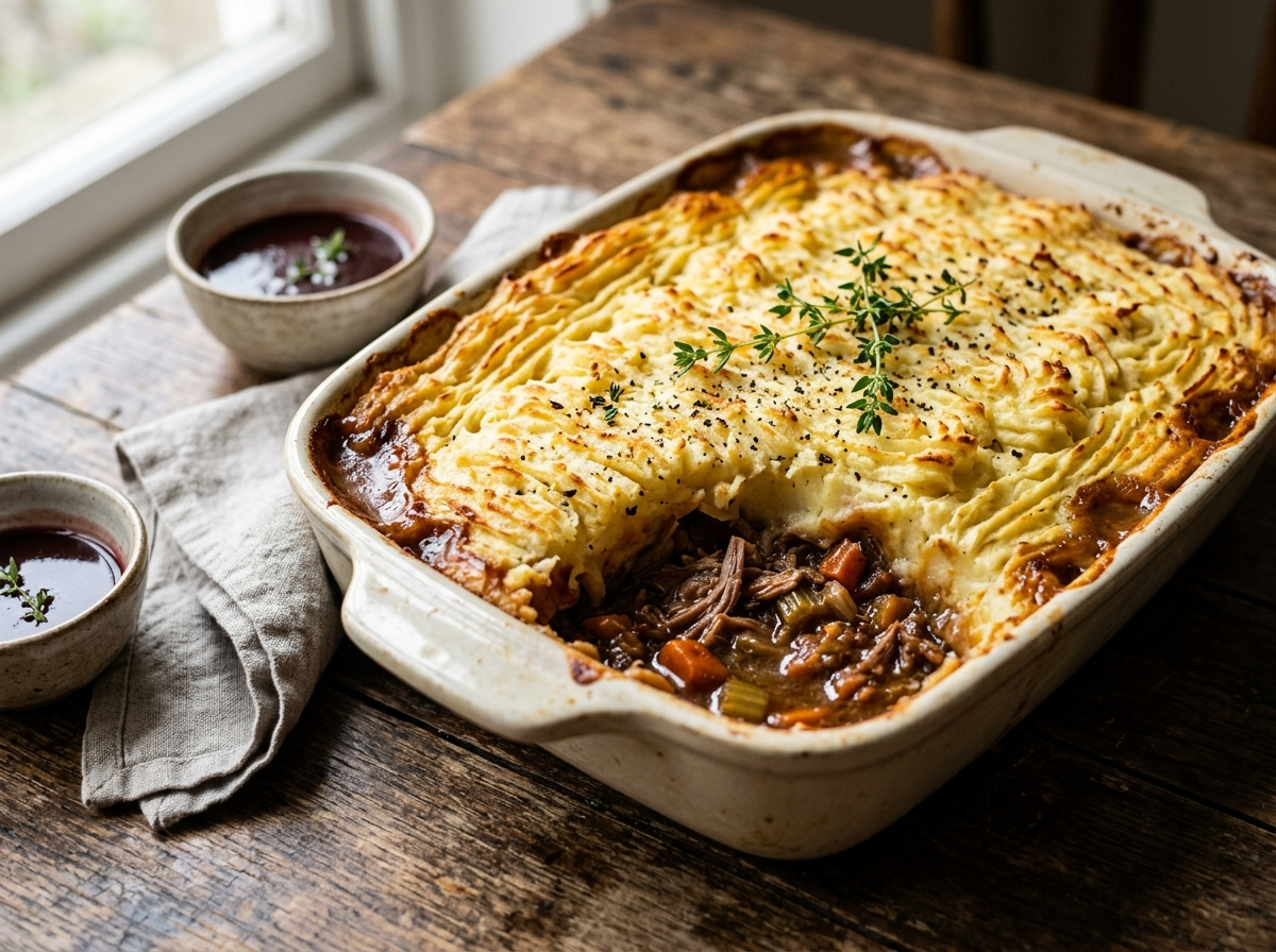 Duck confit shepherd's pie in a ceramic baking dish with golden piped mashed potato topping and braised duck filling