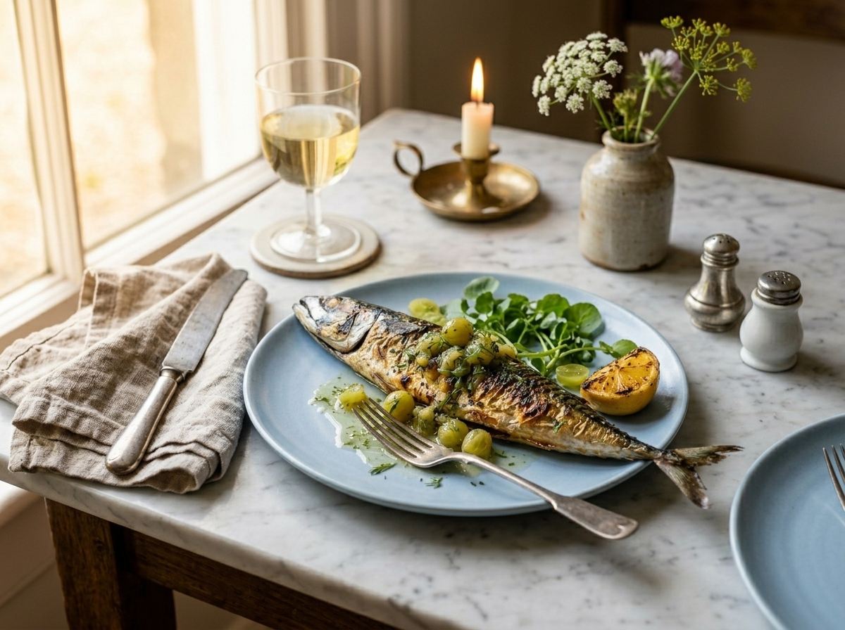 Single grilled mackerel on a blue ceramic plate with gooseberry sauce poured over, served with a glass of white wine on marble