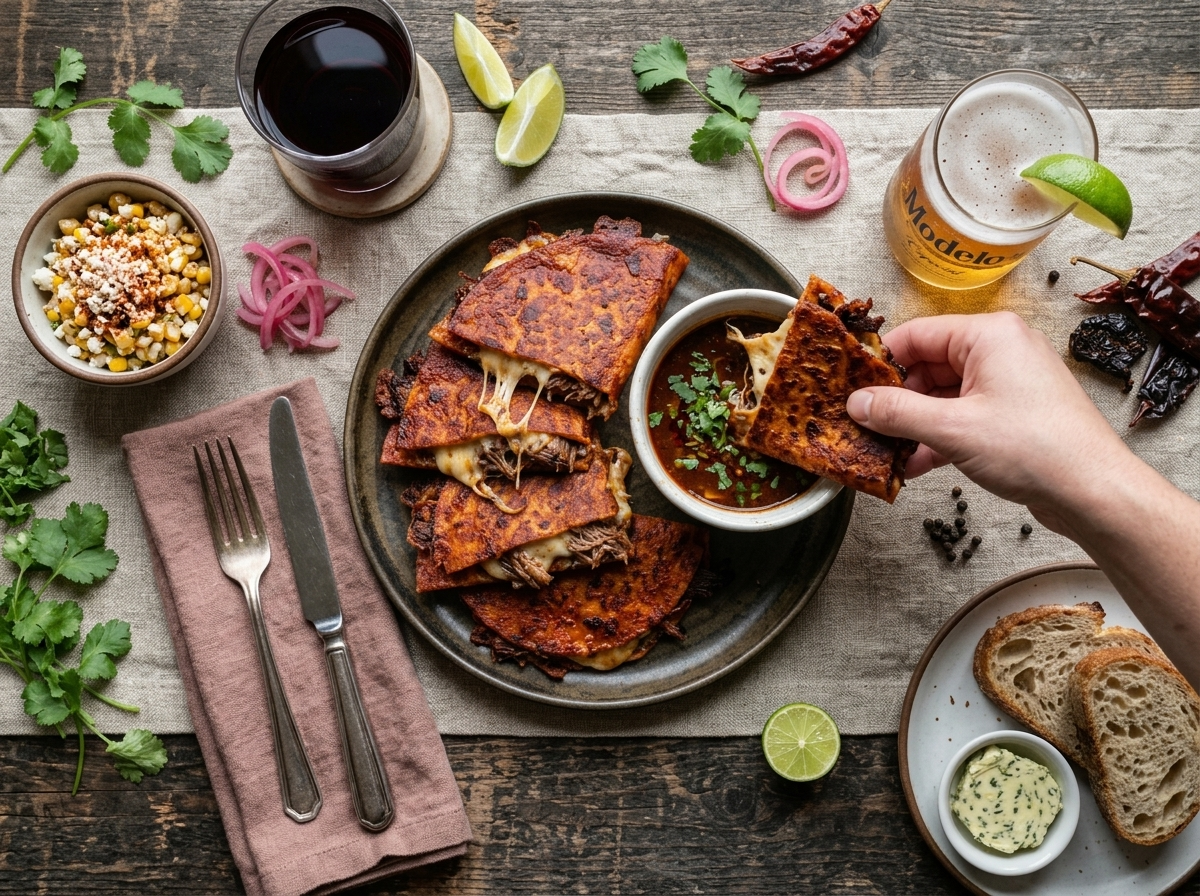 Hand dipping a smoked brisket birria quesadilla into a small bowl of rich red consomé on a wooden table