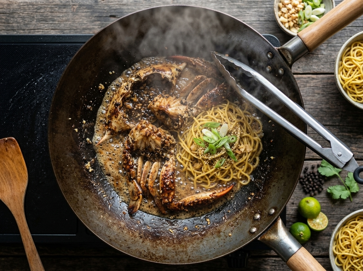 Crab pieces sizzling in black pepper butter sauce in a carbon steel wok with garlic and ginger