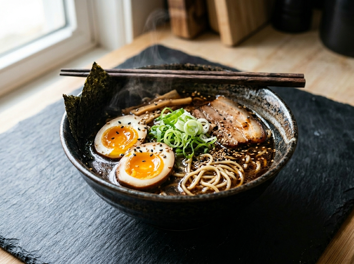 Bowl of black garlic ramen with jammy soft egg halves, nori, scallions, and glossy dark broth on slate surface