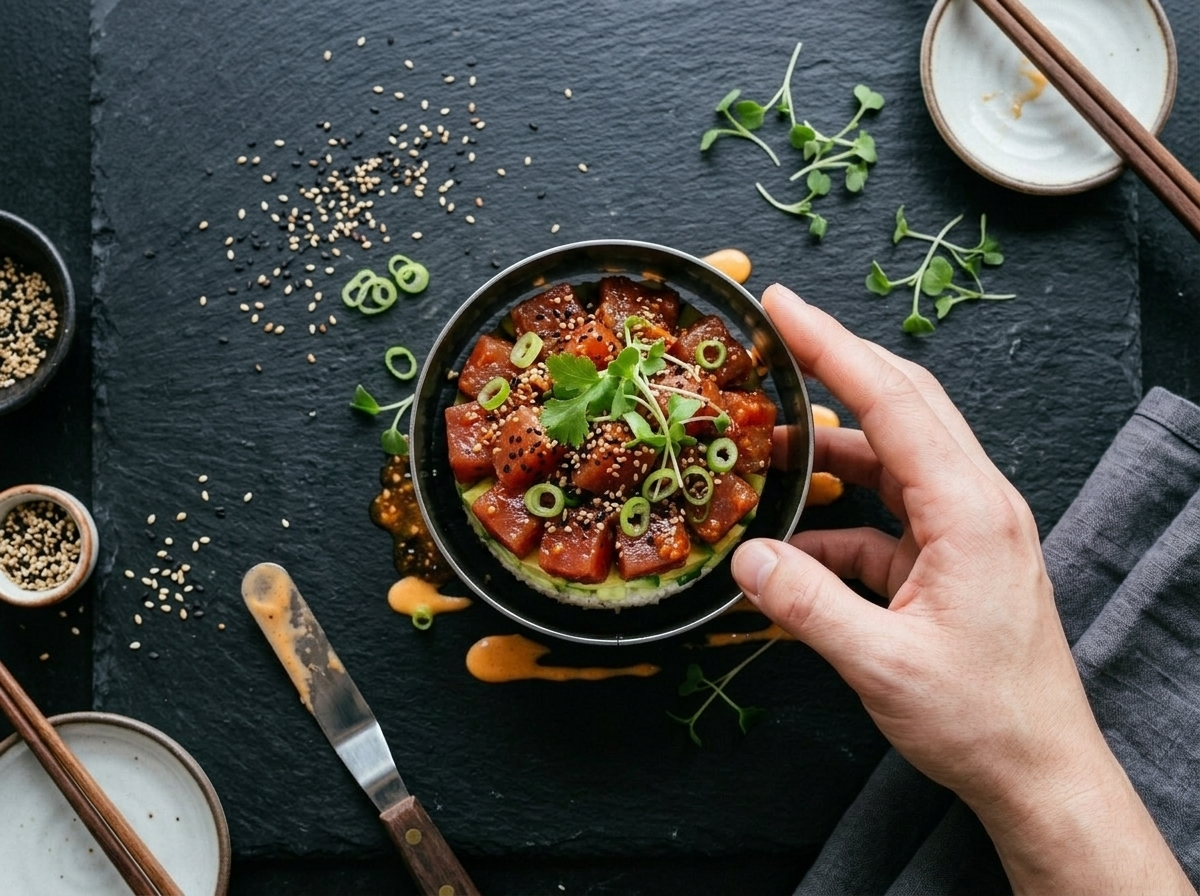Ring mold being lifted from a plated spicy tuna poke stack showing layered tuna, avocado, and sushi rice
