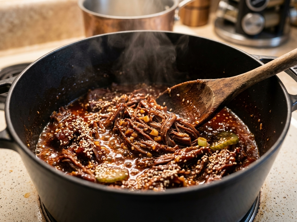 Shredded gochujang-glazed short rib beef being stirred in a Dutch oven with glossy red braising sauce