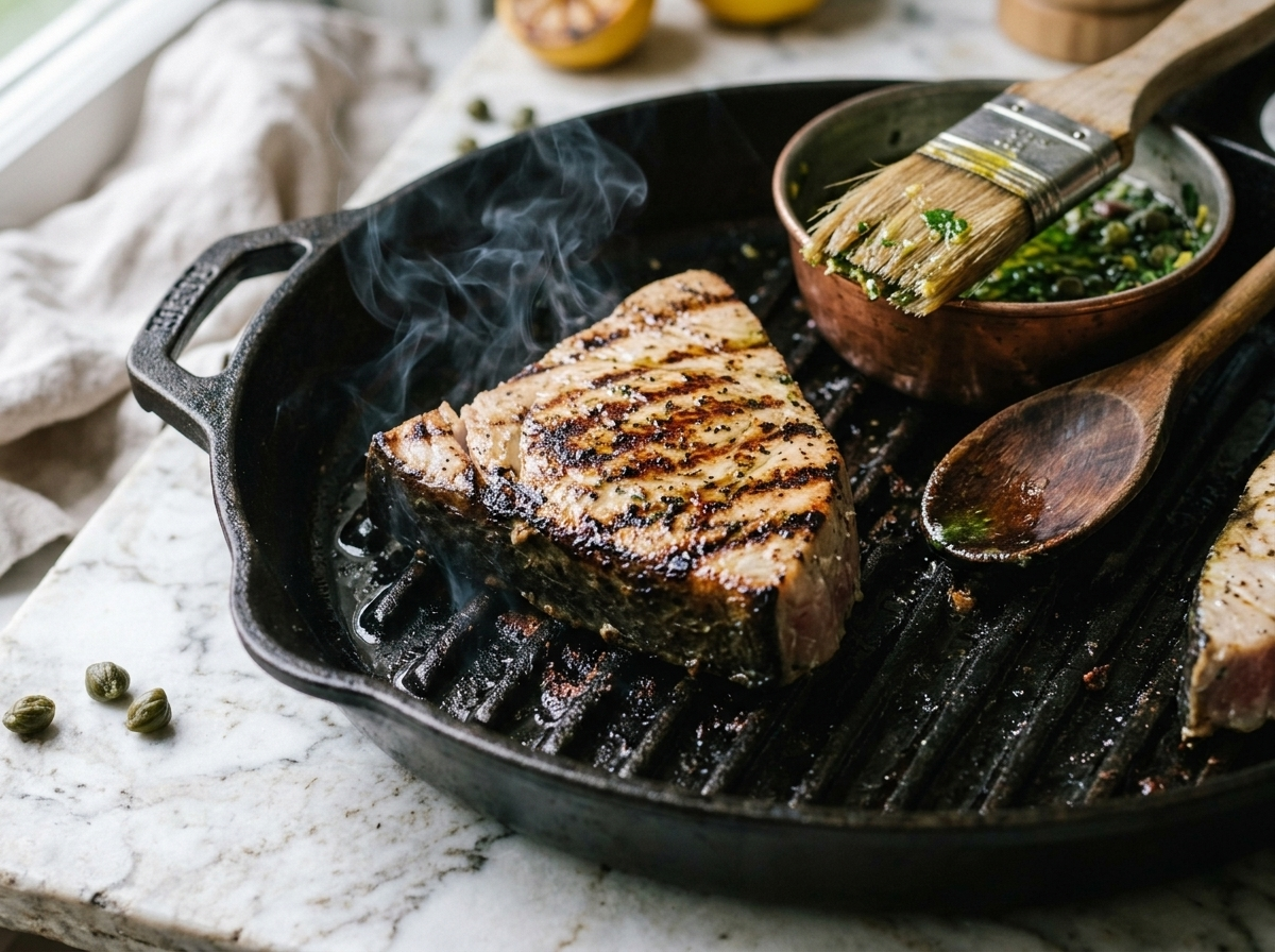 Thick swordfish steak searing on a cast-iron grill pan with grill marks and light smoke rising