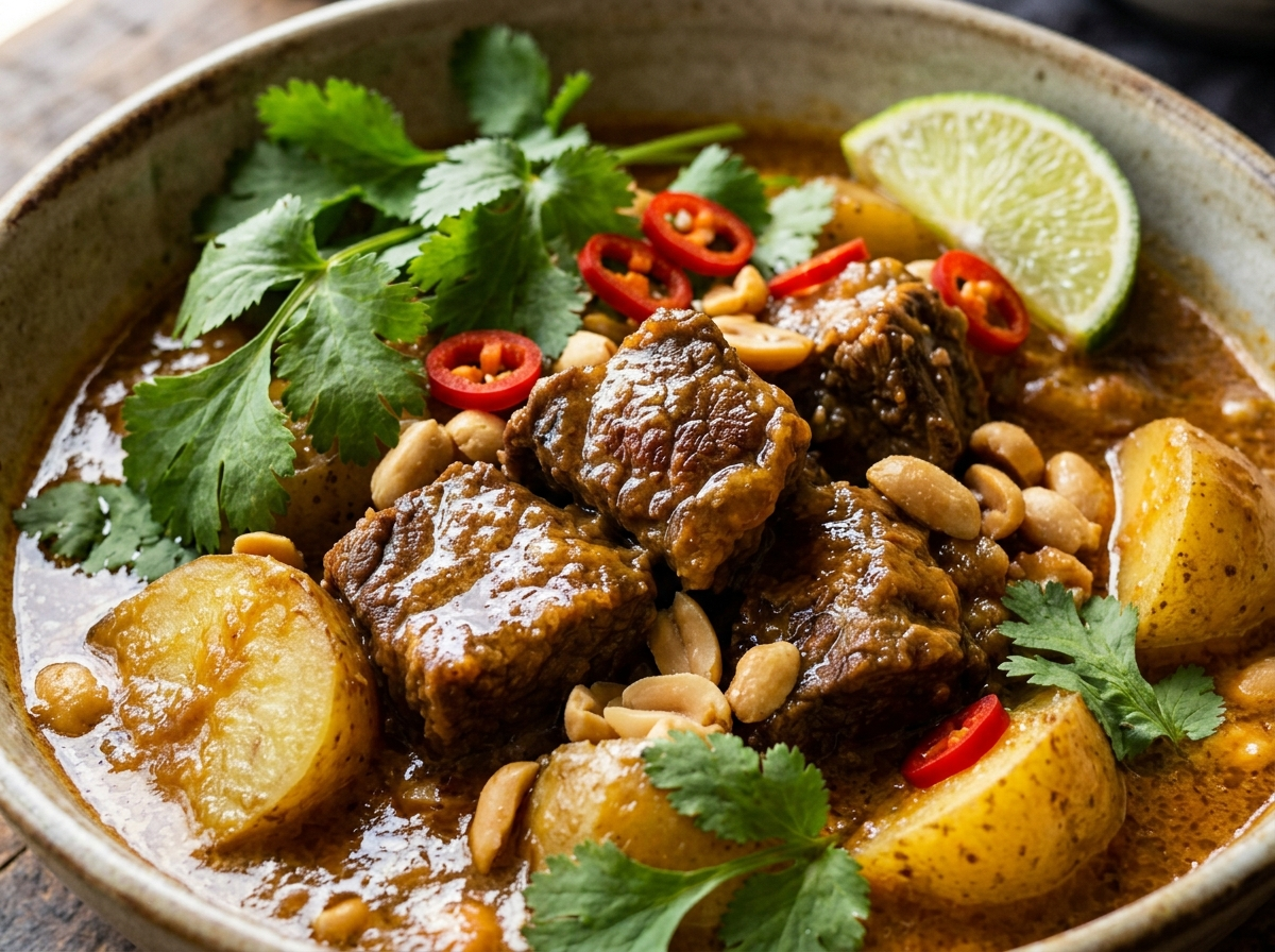 Bowl of slow cooker Massaman beef curry with tender beef chunks, potatoes, and roasted peanuts in coconut sauce