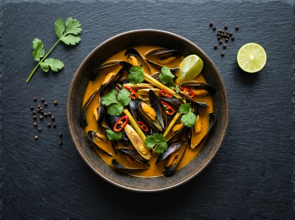 Deep bowl of coconut curry mussels with lemongrass in golden broth topped with cilantro and red chili